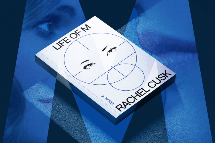 White book, "Life of M" by Rachel Cusk, with a geometric illustration of eyes, on a blue background with a large eye.