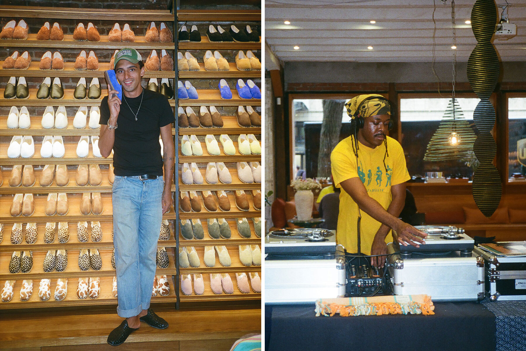 A man in a black shirt and jeans holds a blue shoe in a shoe store, next to a DJ in a yellow shirt.
