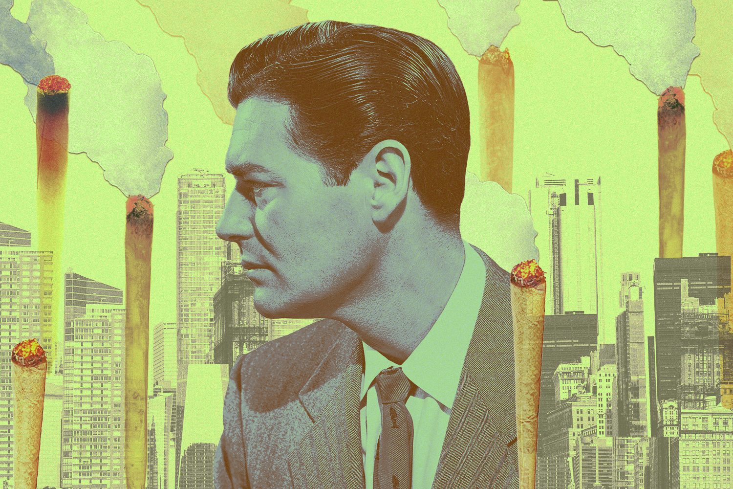 Man in suit looks left, surrounded by city buildings and smoking joints like industrial smokestacks.