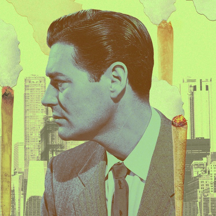 Man in suit looks left, surrounded by city buildings and smoking joints like industrial smokestacks.