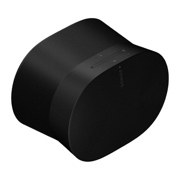 A black Sonos speaker, cylindrical with a slightly curved top, angled on a white background.