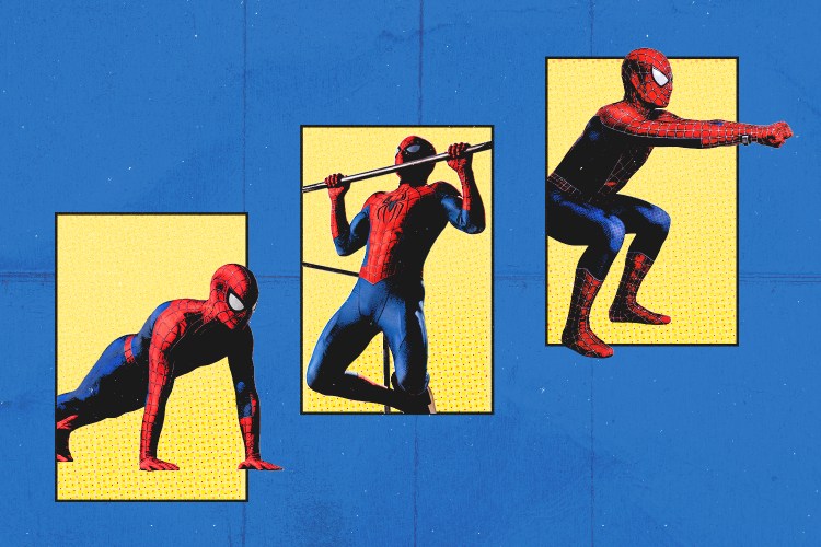 Three images of Spider-Man, one doing push-ups, one doing pull-ups and one doing air squats in yellow rectangles on a blue background