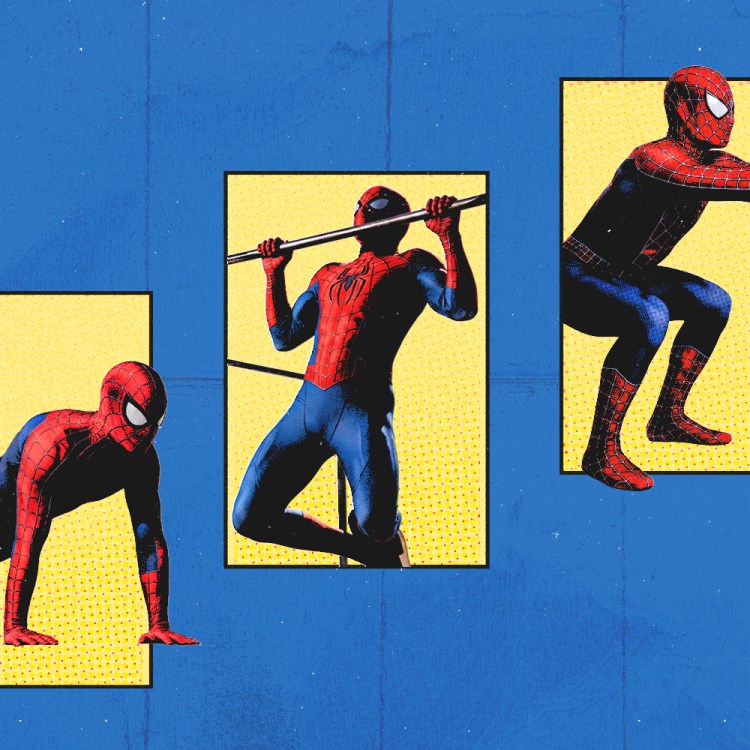 Three images of Spider-Man, one doing push-ups, one doing pull-ups and one doing air squats in yellow rectangles on a blue background