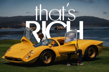 Two men exiting a yellow Ferrari with a text overlay "That's Rich"