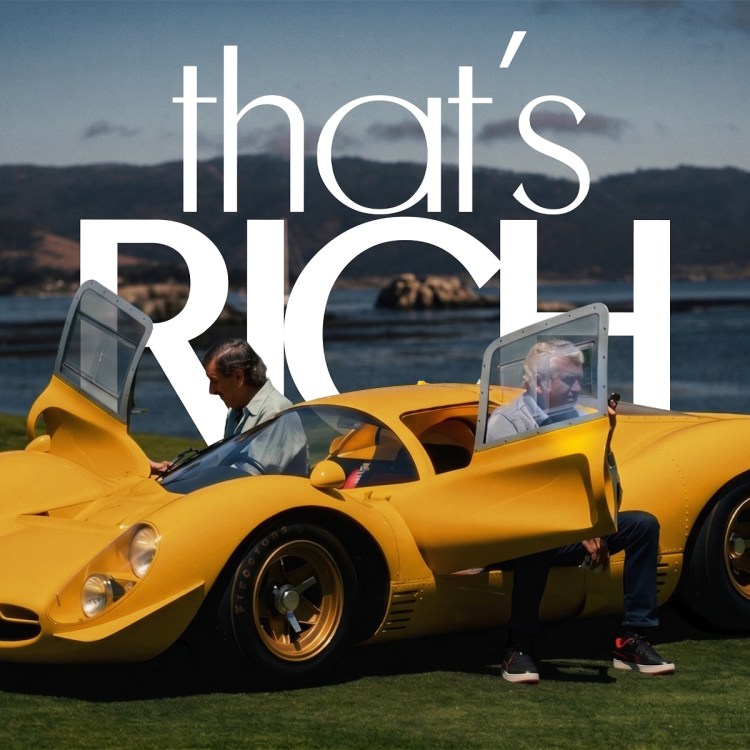 Two men exiting a yellow Ferrari with a text overlay "That's Rich"