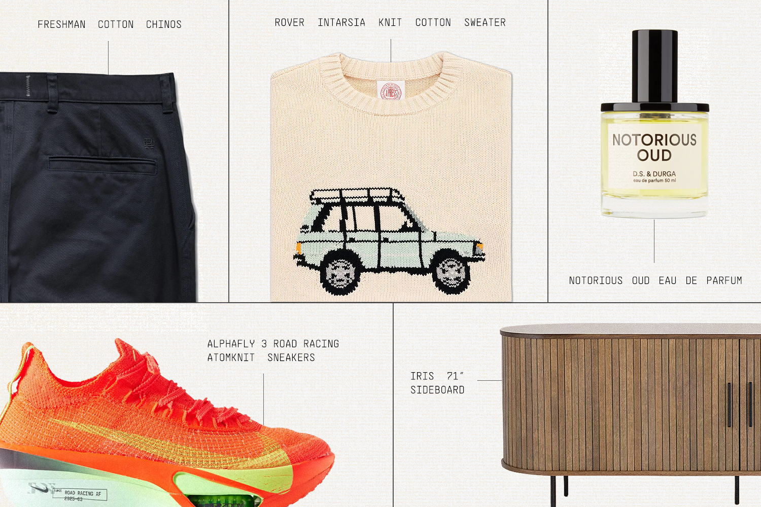 A grid of six products: navy chinos, a cream sweater with a Range Rover, a perfume bottle, orange sneakers, and a wooden sideboard.