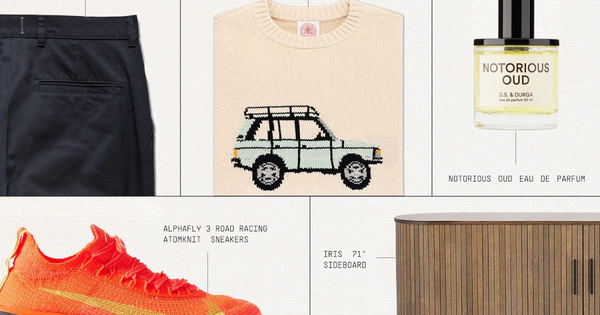 A grid of six products: navy chinos, a cream sweater with a Range Rover, a perfume bottle, orange sneakers, and a wooden sideboard.