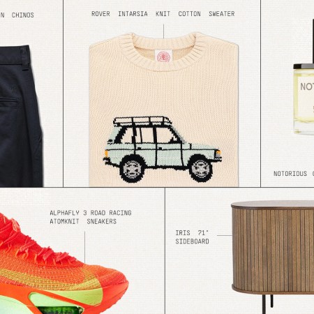 A grid of six products: navy chinos, a cream sweater with a Range Rover, a perfume bottle, orange sneakers, and a wooden sideboard.