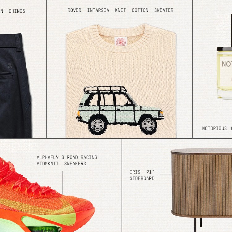 A grid of six products: navy chinos, a cream sweater with a Range Rover, a perfume bottle, orange sneakers, and a wooden sideboard.