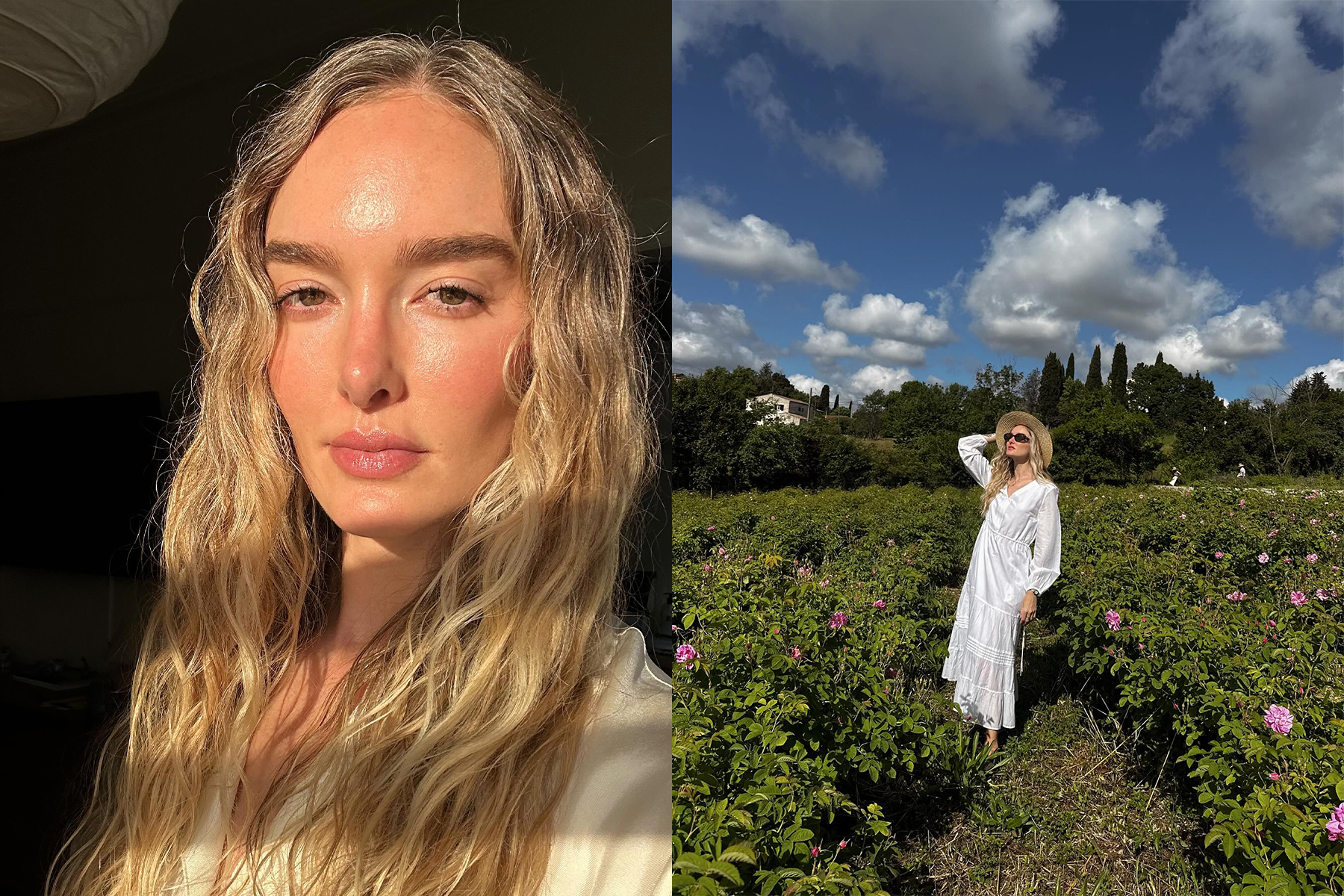 selfie of a woman with wavy blonde hair and dewy skin split with same woman in