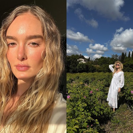 selfie of a woman with wavy blonde hair and dewy skin split with same woman in