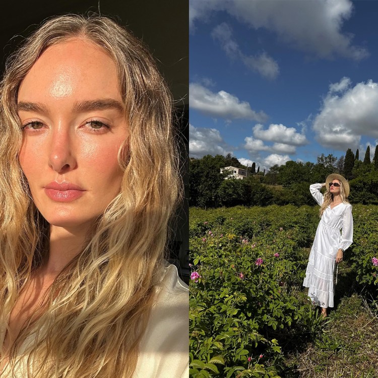 selfie of a woman with wavy blonde hair and dewy skin split with same woman in