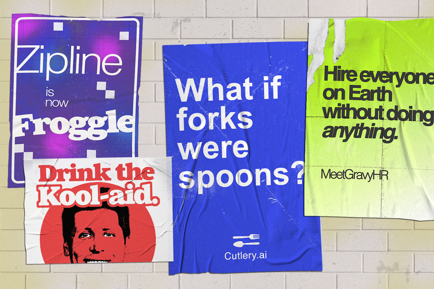 A collage of satirical tech ads created by comedians Harris Alterman and Dave Ross