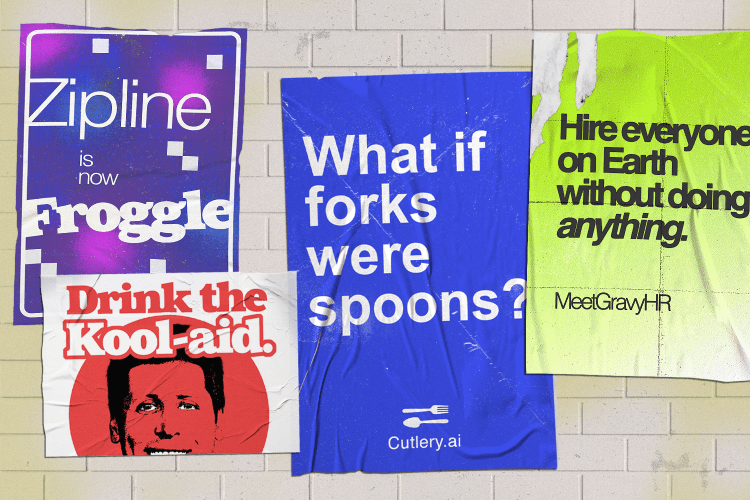 A collage of satirical tech ads created by comedians Harris Alterman and Dave Ross