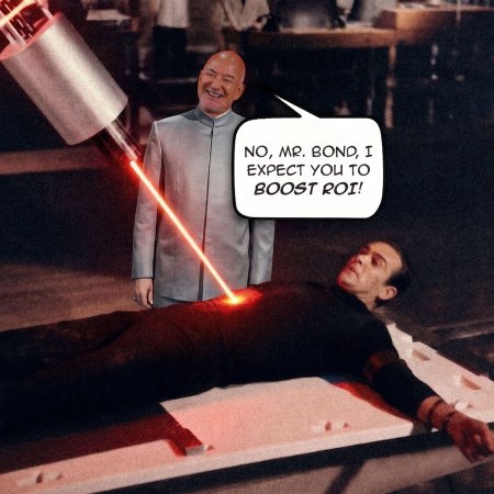 Amazon's Jeff Bezos as eternal Bond baddie Ernest Stavro Blofeld aims a laser at James Bond and says, "NO, MR. BOND, I EXPECT YOU TO BOOST ROI!"