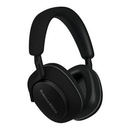 Black Bowers & Wilkins over-ear headphones with a textured headband and earcups, angled to show the brand name.