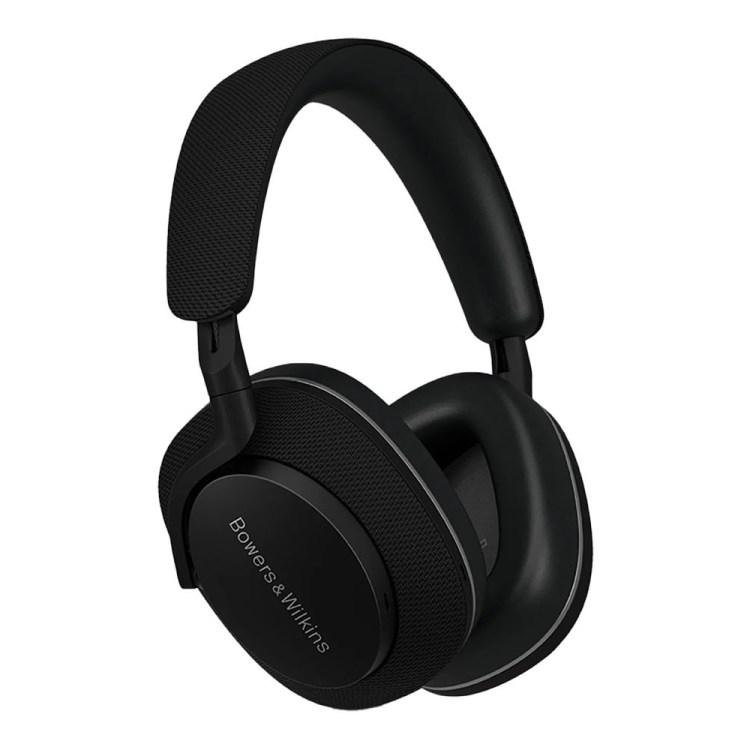 Black Bowers & Wilkins over-ear headphones with a textured headband and earcups, angled to show the brand name.