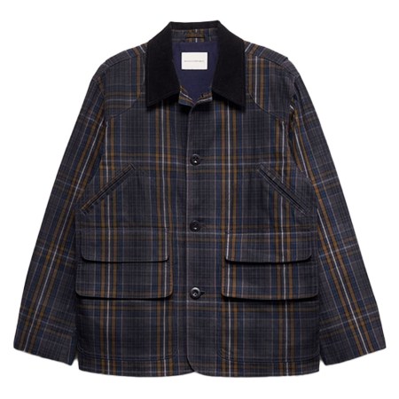 Plaid jacket with a black collar, three buttons, two flap pockets, and two angled slit pockets.