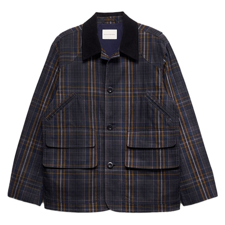 Plaid jacket with a black collar, three buttons, two flap pockets, and two angled slit pockets.