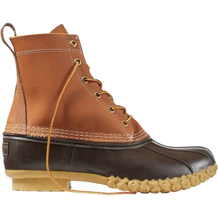 Brown and tan duck boot with gold laces and a textured sole, seen from the side.