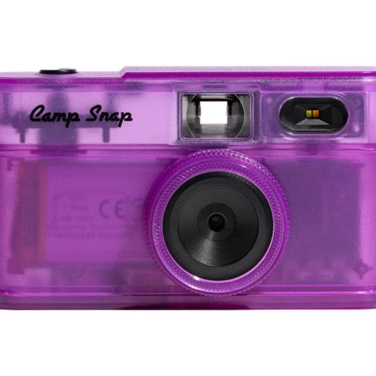 Translucent purple disposable camera with "Camp Snap" written on top, a black lens, viewfinder, and flash.