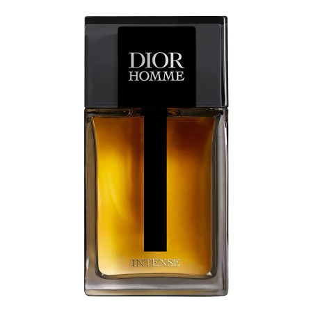 Dior Homme Intense cologne bottle, a rectangular glass bottle with amber liquid and a black cap, on a white background.