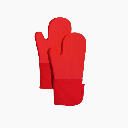 A pair of red oven mitts with silicone grips and fabric cuffs, angled on a white background.