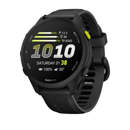 Black Garmin Forerunner smartwatch with a dark display showing "10:10", "Saturday 01", "100% battery", and "30°".