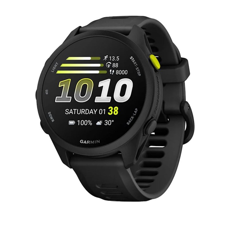 Black Garmin Forerunner smartwatch with a dark display showing "10:10", "Saturday 01", "100% battery", and "30°".