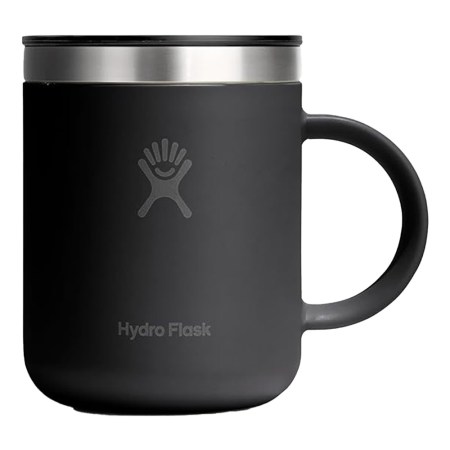 A black Hydro Flask coffee mug with a silver rim and black lid, featuring the brand's logo and name.