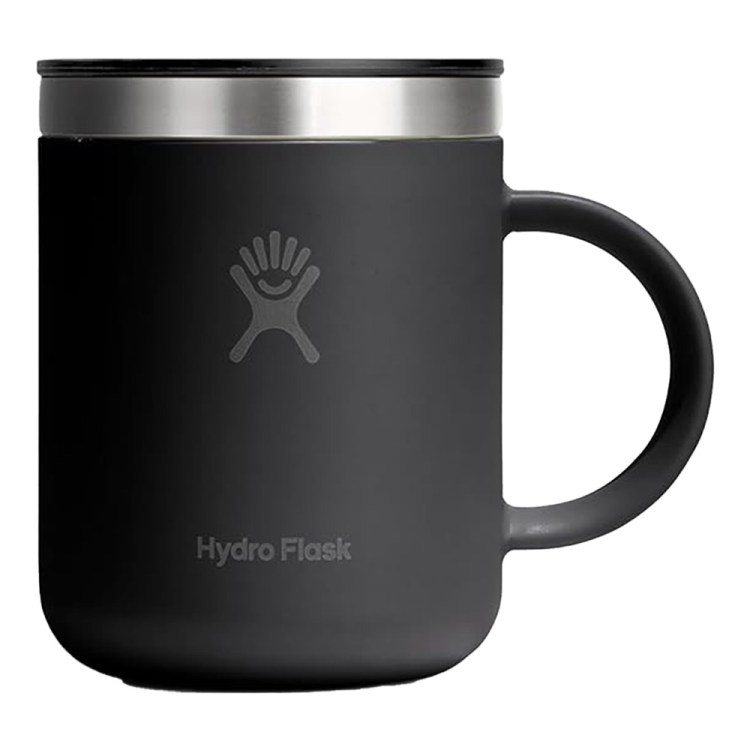 A black Hydro Flask coffee mug with a silver rim and black lid, featuring the brand's logo and name.