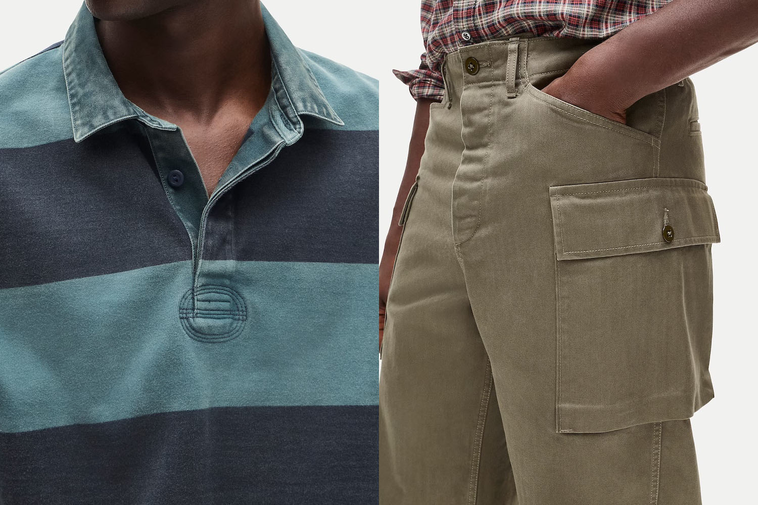 Close-up of a person wearing a striped teal and black rugby shirt and olive green cargo pants with a hand in the pocket.