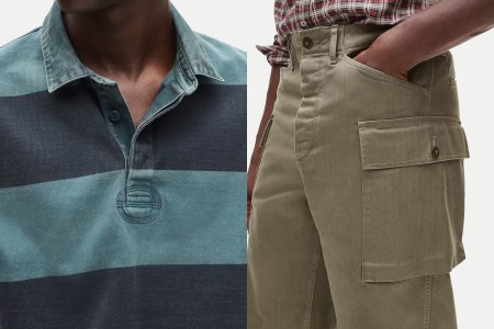 Close-up of a person wearing a striped teal and black rugby shirt and olive green cargo pants with a hand in the pocket.
