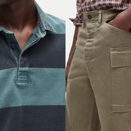 Close-up of a person wearing a striped teal and black rugby shirt and olive green cargo pants with a hand in the pocket.