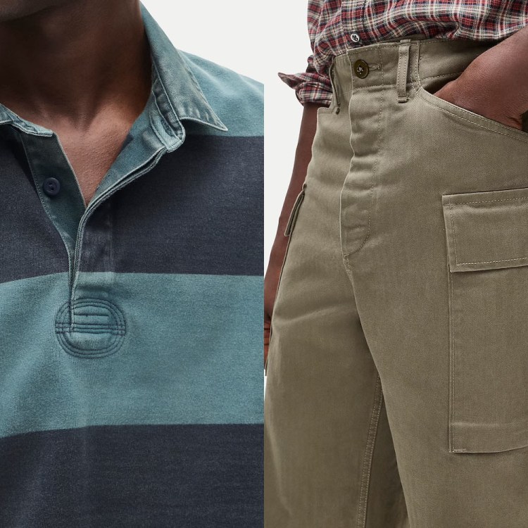 Close-up of a person wearing a striped teal and black rugby shirt and olive green cargo pants with a hand in the pocket.