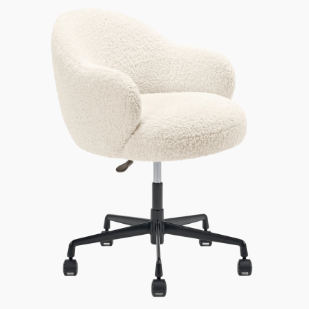 Cream-colored bouclé swivel office chair with a black five-star base and casters.