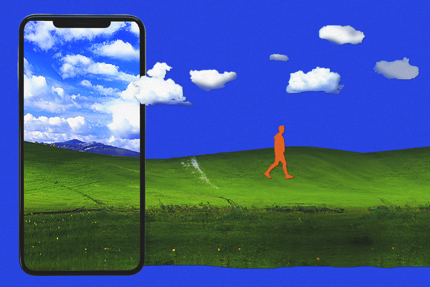 A phone displays a vibrant green hill and blue sky. Outside the phone, the scene continues with a walking orange figure.