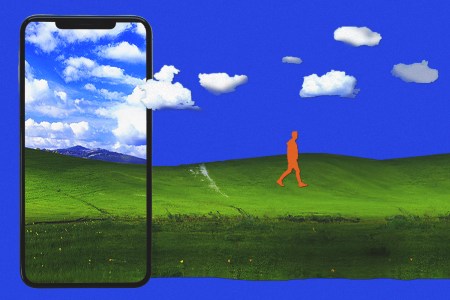 A phone displays a vibrant green hill and blue sky. Outside the phone, the scene continues with a walking orange figure.
