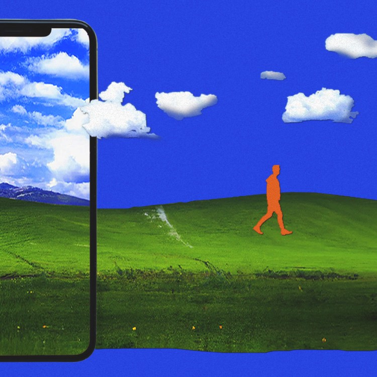 A phone displays a vibrant green hill and blue sky. Outside the phone, the scene continues with a walking orange figure.