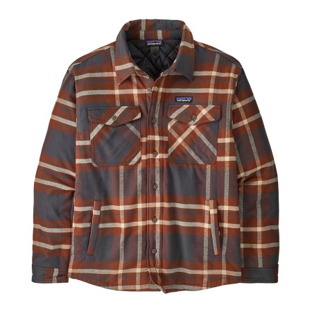 Patagonia flannel shirt jacket in brown, gray, and cream plaid, with two chest pockets and two side pockets.