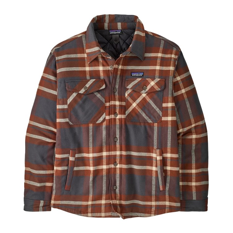 Patagonia flannel shirt jacket in brown, gray, and cream plaid, with two chest pockets and two side pockets.