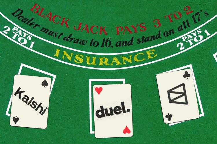 Blackjack table with cards displaying "Kalshi," "duel.," and "Stak" in white boxes.
