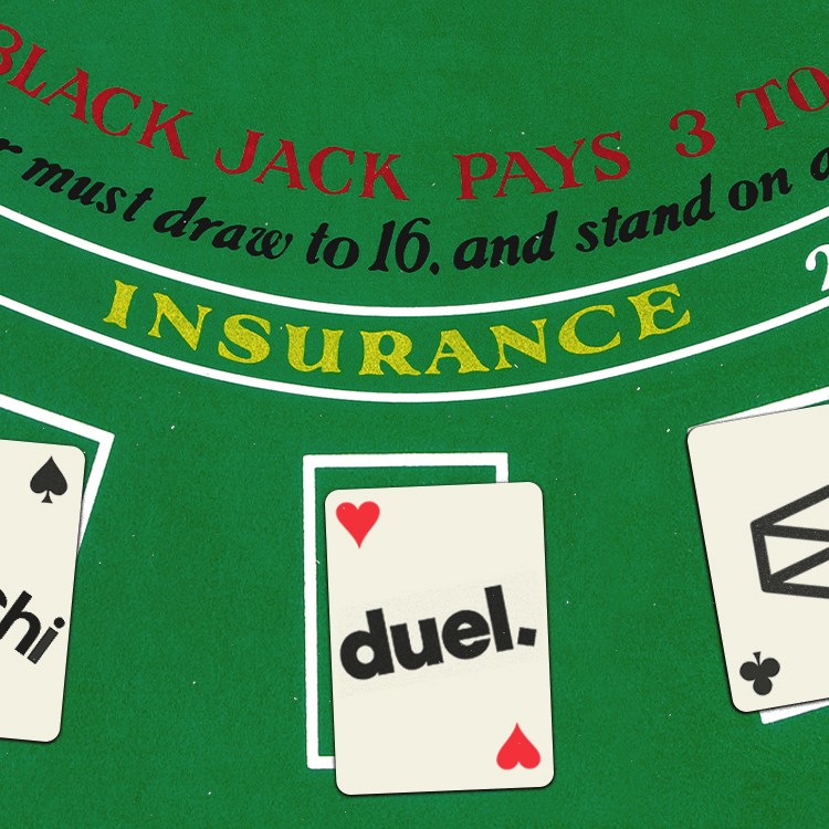 Blackjack table with cards displaying "Kalshi," "duel.," and "Stak" in white boxes.