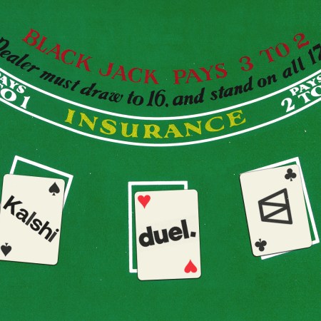 Blackjack table with cards displaying "Kalshi," "duel.," and "Stak" in white boxes.