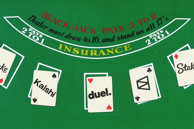 Blackjack table with cards displaying "Kalshi," "duel.," and "Stak" in white boxes.