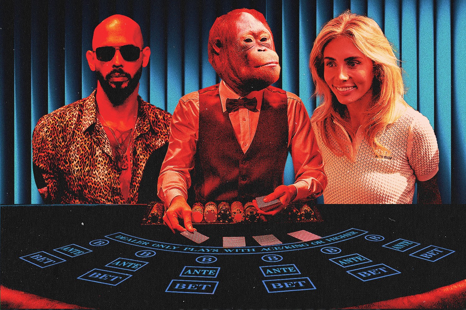 Andrew Tate, an orangutan in a suit, and a blonde woman playing cards at a casino table.