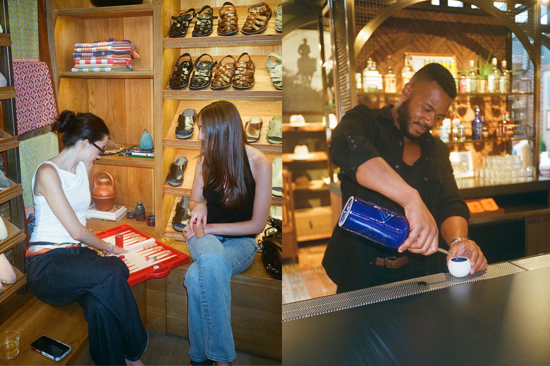 Two women play backgammon in a shop with shelves of sandals, while a bartender pours a drink at a bar inside a store