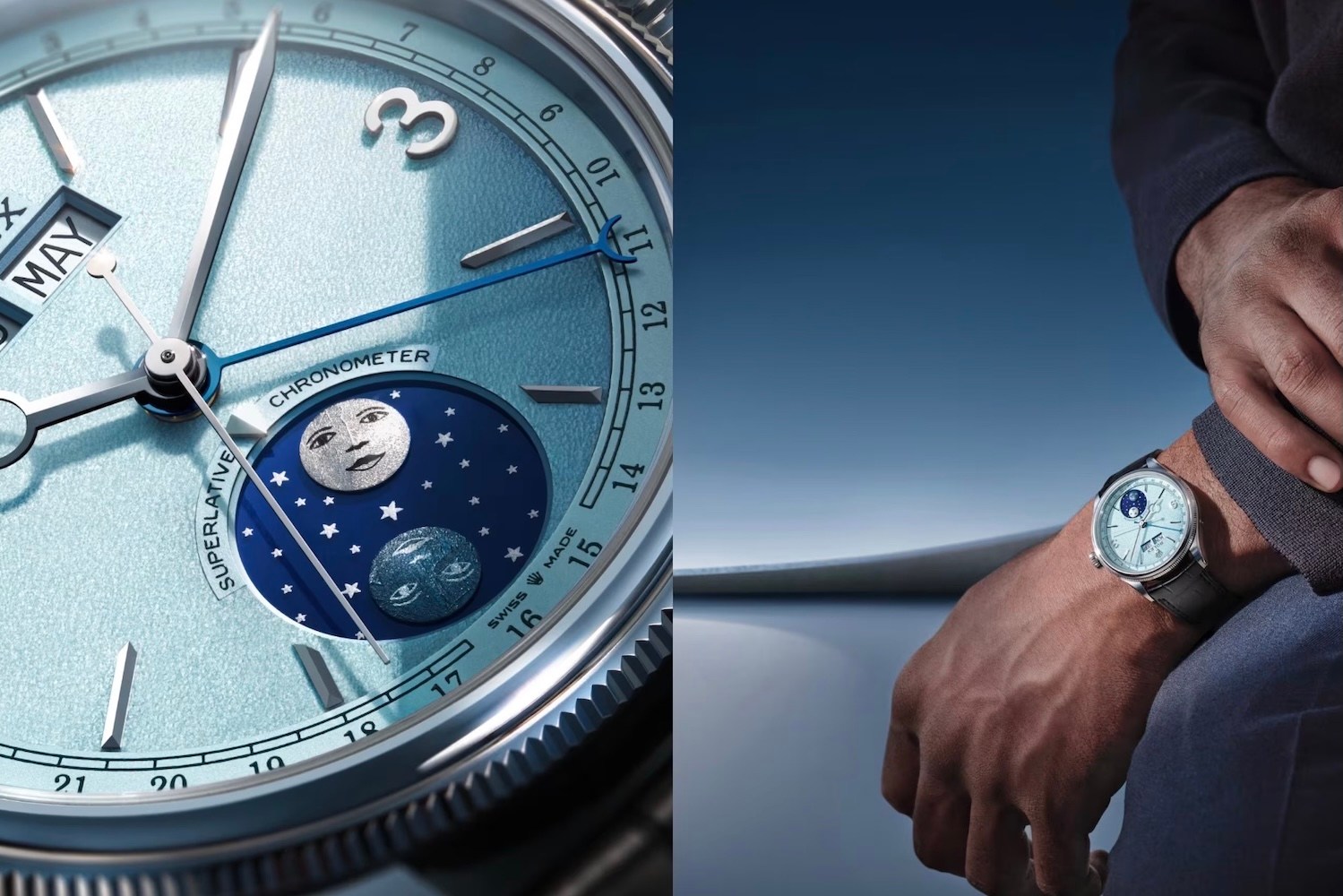 Close-up of a light blue Rolex watch face with a moon phase dial, next to a person's wrist wearing the watch.
