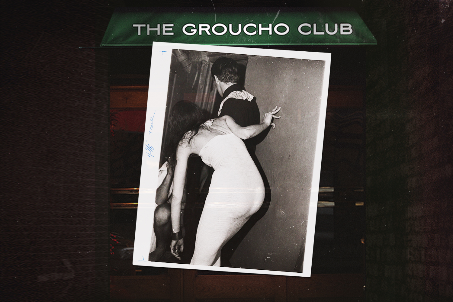 Black and white photo of a woman in a white dress peering around a corner with a man, set against a dark background with "THE GROUCHO CLUB" banner.