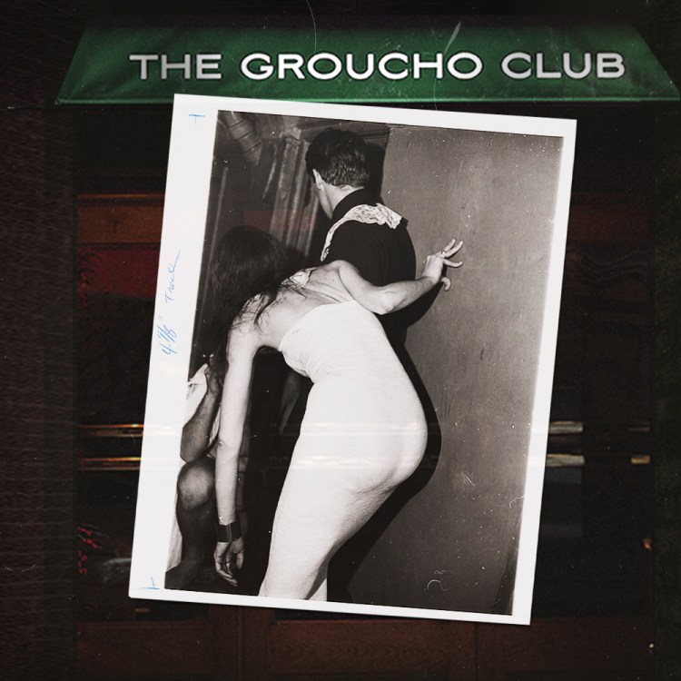 Black and white photo of a woman in a white dress peering around a corner with a man, set against a dark background with "THE GROUCHO CLUB" banner.